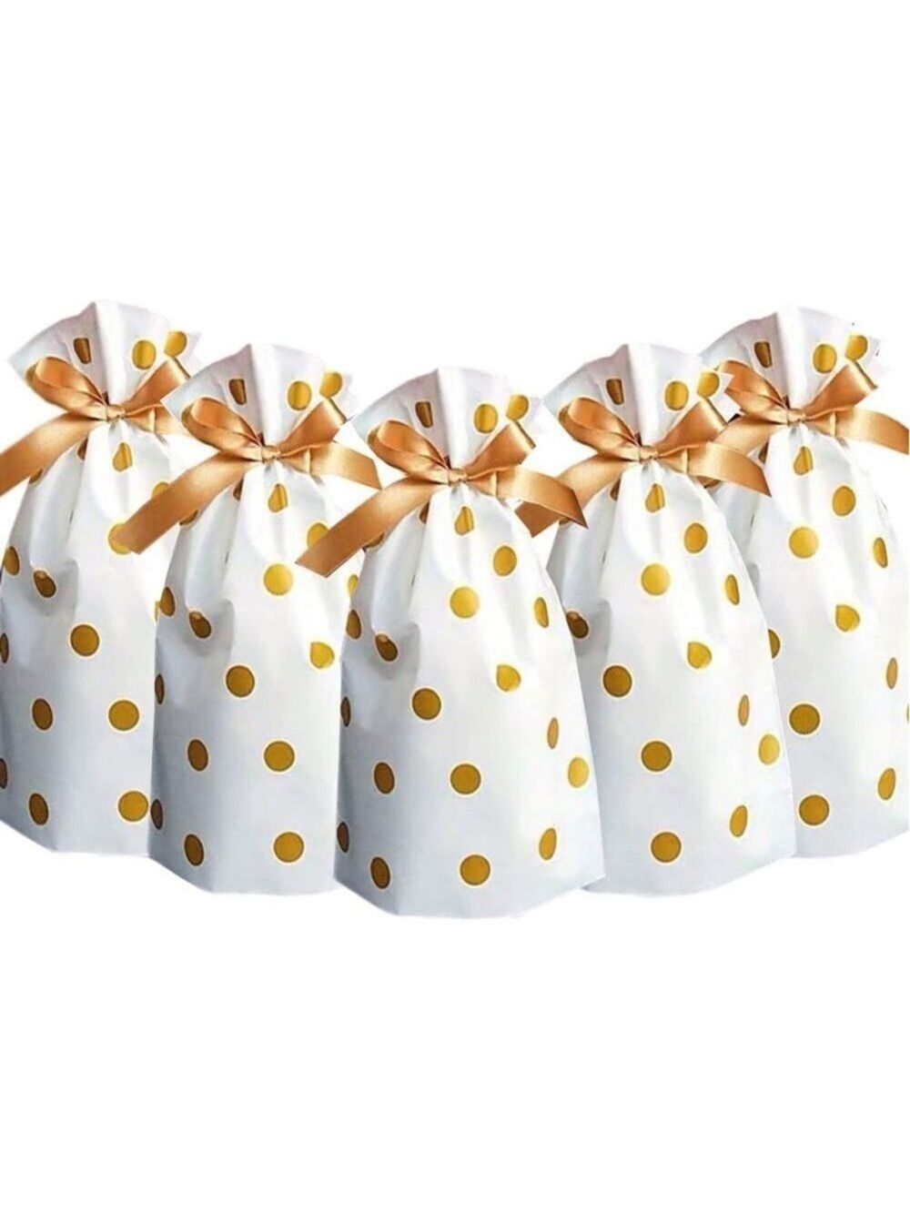 50 Gold Polka Dot Party Favor Bags Plastic with Drawstring 5.8x9x2.4 inch